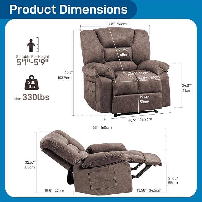 Fabric Lazy Boy Recliner Chair for Bedroom Manual Reclining Chairs for AdultsBrown Recliner Chair with Adjustable Backrest &amp Foootrest/Overstuffed Cushion Havy Duty (Brown)