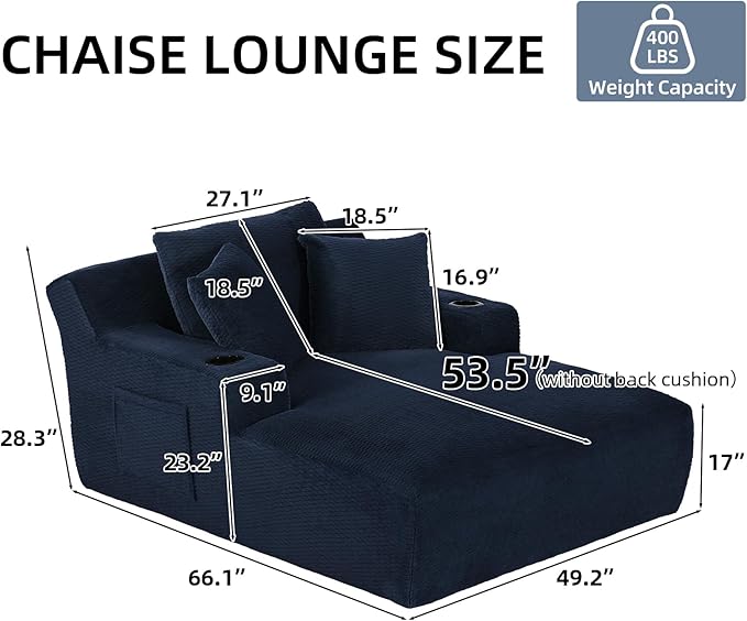 Oversized Chaise Lounge Chair - Upholstered Couch Cloud Boneless CouchDeep Seat Sleeper Sofa with Cup Holders and Side PocketsComfy Reading Chair for Living Room (Dark Blue)