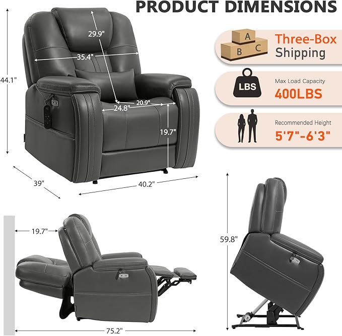 EONIX Triple Motor Lay Flat Power Lift Recliner Chair for Elderly with Adjustable Headrest 400lbs Electirc Lift Chair for Living Room Lumbar Pillow Extended Footrest Grey