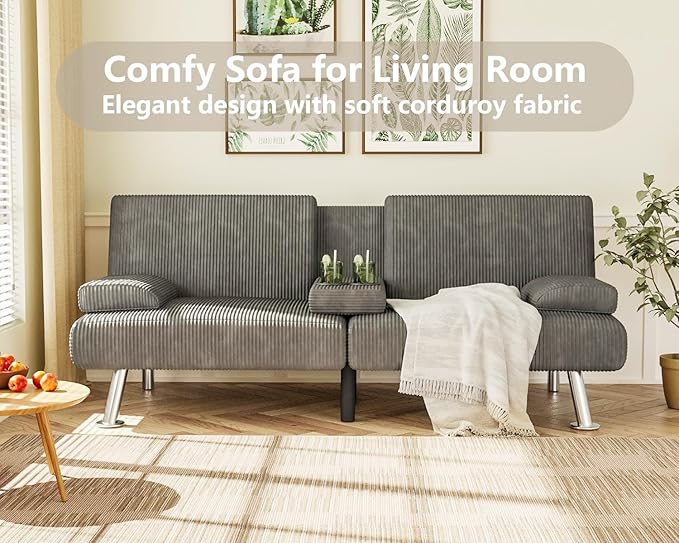 Flamaker Futon Sofa Bed Modern Folding Futon Set Convertible Recliner Lounge for Living Room with 2 Cup Holders Removable Armrests (Corduroy Marble Grey)
