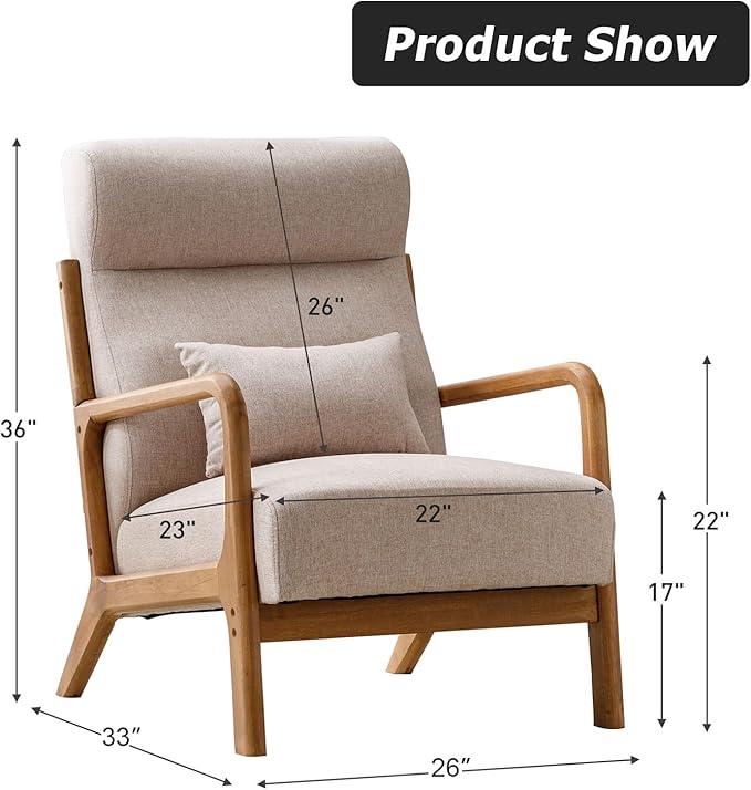 INZOY Mid Century Modern Accent Chair Set of 2 High Back Reading Armchair with Wood Frame Upholstered Living Room Chairs with Waist Cushion Single Lounge Arm Chair for Bedroom Sunroom Beige