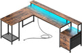 PRAISUN 66 L Shaped Gaming Desk with LED Lights &amp Power Outlets Computer Desk with Fabric Drawers and Print Stand Corner Office Desk Monitor Stand Mesh CPU Stand Rustic Brown