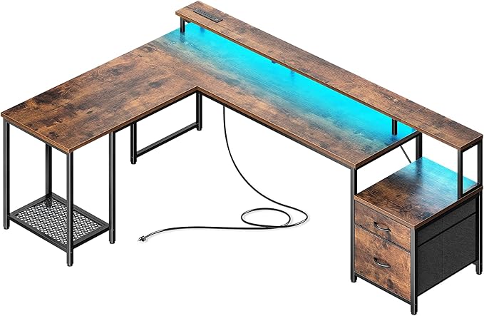 PRAISUN 66 L Shaped Gaming Desk with LED Lights &amp Power Outlets Computer Desk with Fabric Drawers and Print Stand Corner Office Desk Monitor Stand Mesh CPU Stand Rustic Brown