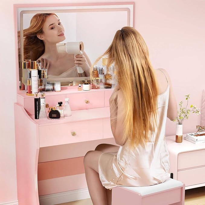 COMHOMA Makeup Vanity Desk with Mirror and Lights Vanity Table and Chair Set with 5 Drawers and Charging Station Bedroom Dresser LED Mirror Stepless Dimmable &amp 3 Color Modes Adjustable Pink