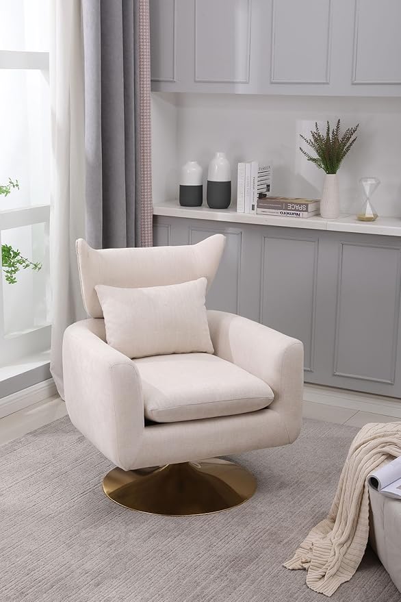 Swivel Accent Chairs for Living Room Mid Century Modern Accent Chair with Arms Comfy Side Chairs for Living Room with Gold Base &amp Lumbar Pillow Upholstered Armchair with Wingback (Beige)