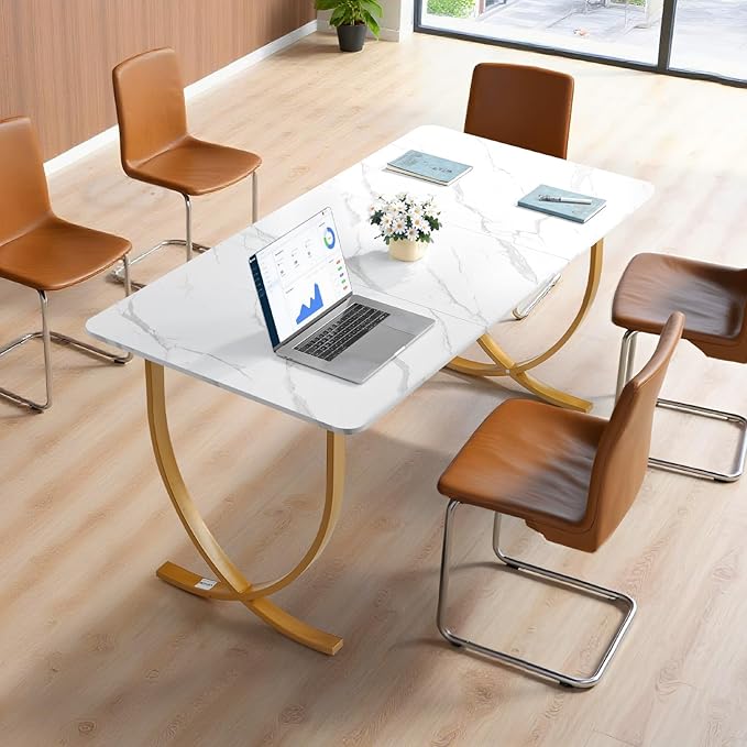 VEVOR Executive Desk 63 W x 31.5 D Large Office Desk Modern Computer Table Conference Meeting Room Table Business Furniture Enlarged Desktop for Home Office White and Gold