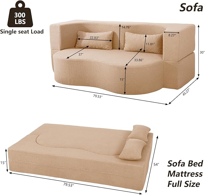 2-in-1 Convertible Sofa Bed 79 Memory Foam Boneless Couch Bed Full Size Love Seat Sleeper Sofa Floor Couch Loveseat with 2 Pillows for Living Room Bedroom Apartment Office (Apricot 79)