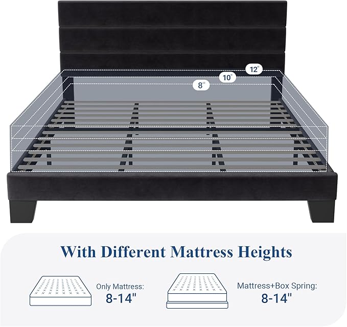 Allewie King Size Platform Bed Frame with Velvet Upholstered Headboard and Wooden Slats Support Fully Upholstered Mattress Foundation/No Box Spring Needed/Easy Assembly Black