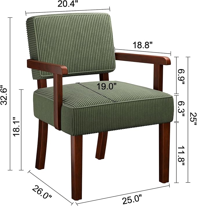 Corduroy Accent Chair Mid Century Modern Armchairs with Solid Wood Frame Oversized Reading Leisure Chair for Living Room Bedroom (Corduroy Green One Chair)