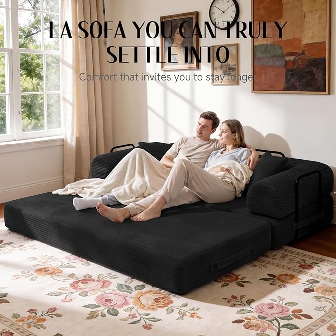 79 Corduroy Sofa Bed Boneless Couch in a Box with 2 Pillows High-Density Foam 4-in-1 Foldable Sleeper Futon Loveseat for Small Spaces No Assembly Side Pockets Black