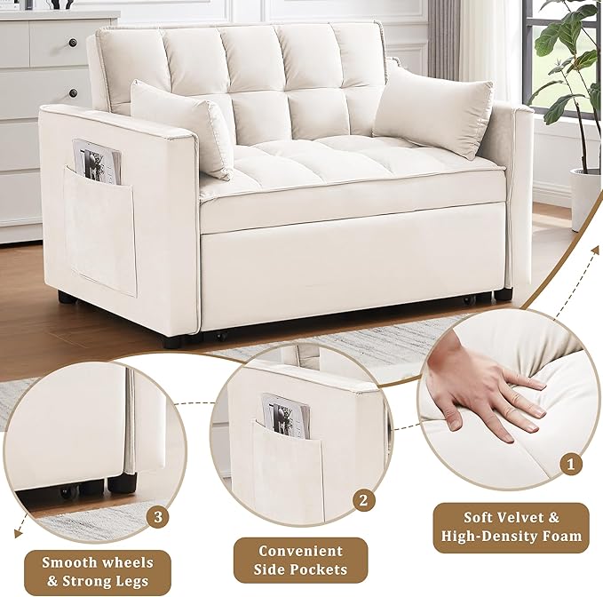 Oversized 3-in-1 Convertible Sleeper Sofa Bed Futon Couch with Pullout Bed 2-Seater Loveseat Sofa w/Pockets Adjustable Backrest and Pillows for Living Room Apartment (White-55inch)
