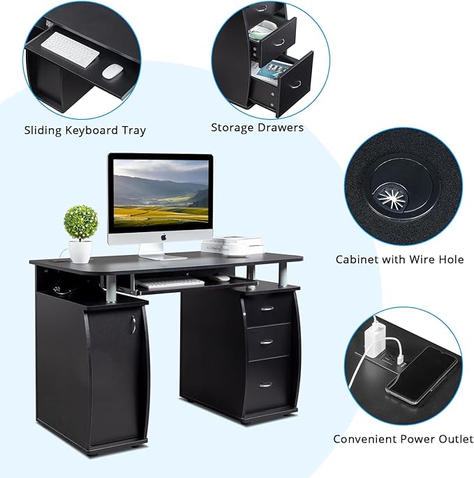 JHshop Black Writing Home Office Workstation Office Desk with Drawers Computer Desk with 3 Drawers Home Office Desks with Filing Cabinet Modern Writing Table PC Desks 115 x 55 x 74CM