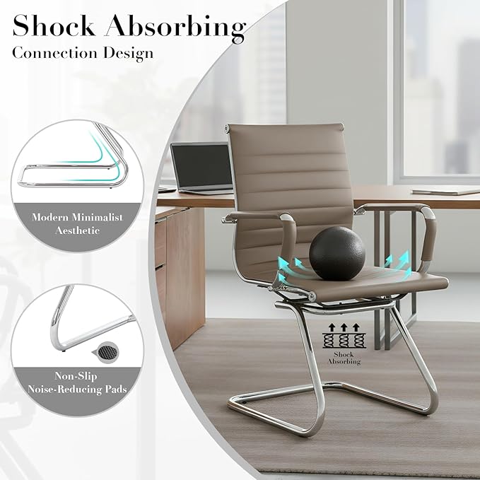 CIMOTA Waiting Room Chairs Leather Office Guest Chair Mid Back Reception Chairs with Sled Base for Meeting/Patient/Conference Room Light Brown Set of 8