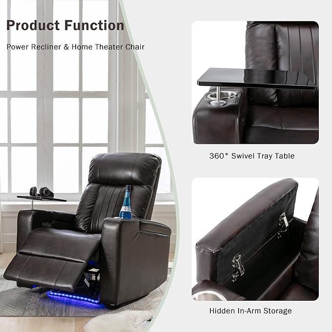 Leather Power Recliner Chair Electric PU Recliner with Hidden Arm Storage USB Charging Port 2 Cup Holders Tray Table Phone Stand for Home Theater
