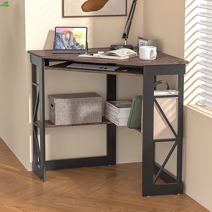 VECELO Corner Desk Computer Desk Writing Table with Smooth Keyboard Tray&ampStorage Shelves for Small Spaces/Compact Home Office Triangle TableBrown