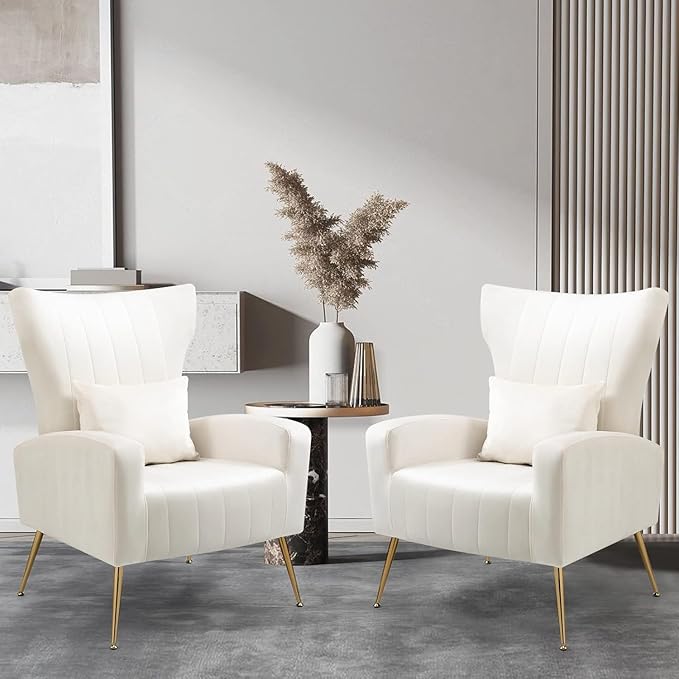 X-VOLSPORT Velvet Accent Chairs Set of 2 Mid Century Modern High Back Living Room Chair with Waist Pillow Upholstered Arm Chair with Metal Gold Legs for Bedroom Club White