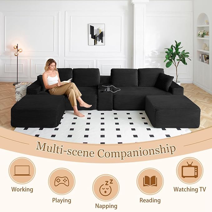 150 Oversized U-Shaped Sectional Sofa Deep Seat Boneless Cloud Corduroy Couch with Cup Holders USB Ports Wireless Charging &amp Storage Box Upholstered Modular Sleeper Sofa for Living Room Blac