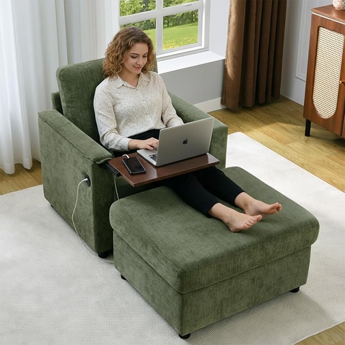 Modern Accent Chairs with Storage Ottoman Set Chenille Reading Armchair with Tray Table and Charging Ports Comfy Chaise Lounge Chair for Living Room Bedroom Reading Nook