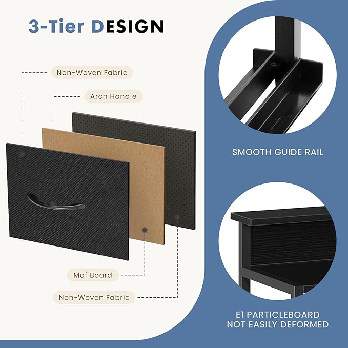 DUMOS TV Stand Dresser with 9 Fabric Drawers and Open Shelves Entertainment Center with LED Lights Charging Station for Bedroom Wood Top Media Console for 45-55 inch TV Stand with Storage Black