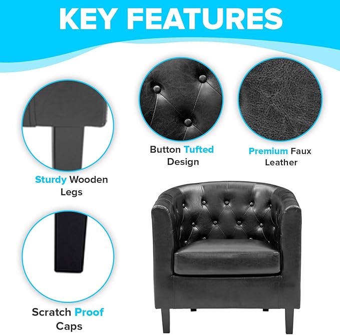 Naomi Home Emma Faux Leather Barrel Accent Chair – Modern Tufted Faux Leather Armchair with Wooden Legs Wide Seat Enhanced Back Support for Living Room Décor