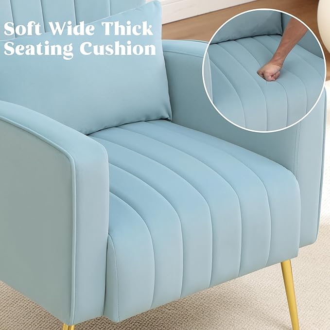 Modern Accent Chair Upholstered Living Room ChairHigh Back Arm Chair with Metal Legs Lumbar Reading Chair for Bedroom Apartment Small Spaces Sky Blue