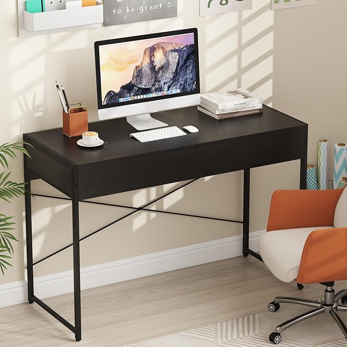 Tangkula Computer Desk with 2 Drawers 44 Inch Home Office Desk with Metal Frame &amp Anti-Toppling Device Modern Writing Desk Study Desk Compact Laptop PC Desk for Small Space (Black)