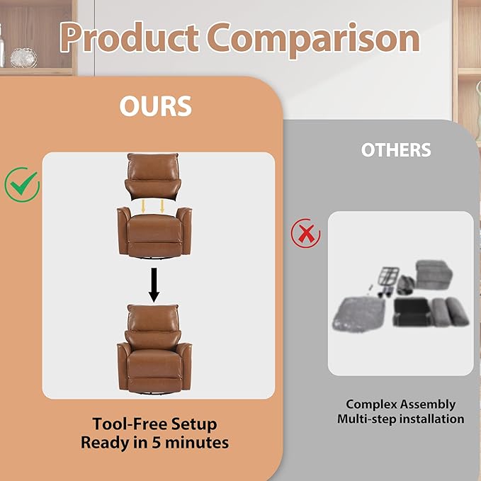Power Swivel Rocker Recliner PU Leather Glider Electric Rocking Chair with Charging Ports and Lumbar Support Electric Wall Hugger Recliner for Living Room Bedroom Nursing RV Brown