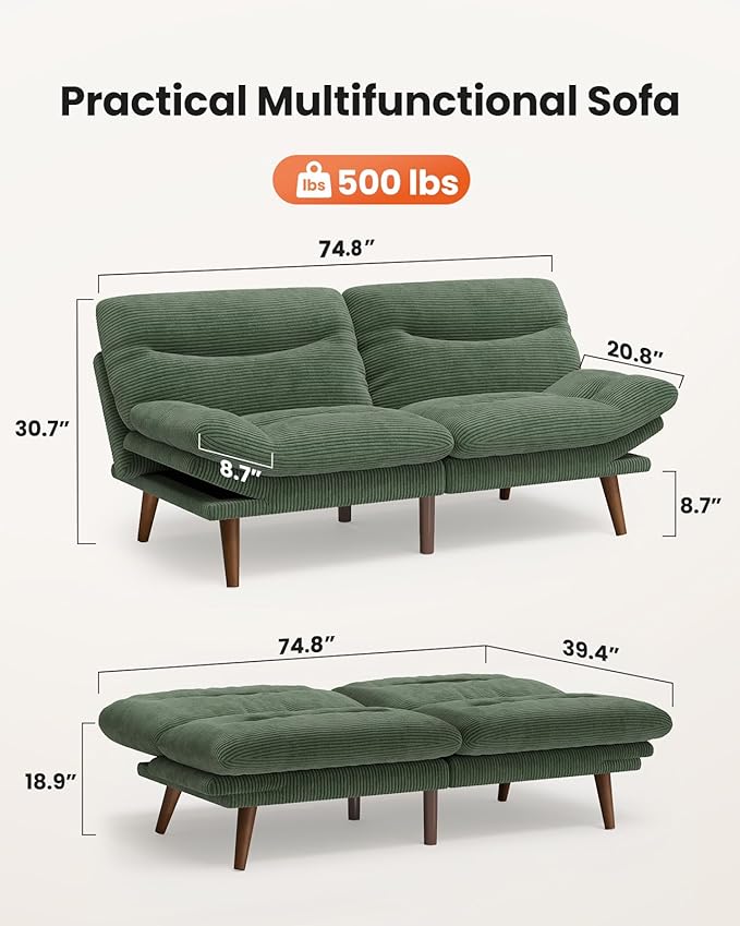 75″Futon Sofa Bed3-in-1 Futon Couch w/Adjustable Backrest &amp Armrests Convertible Sleeper Sofa Bed Small Folding Sleeper Recliner w/Removable Cushion for Apartment Living RoomOffice (75inGree