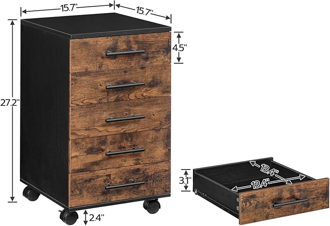 HOOBRO 5-Drawer File Cabinet Office Filing Cabinet with Drawers Wooden Mobile Storage Cabinet with Wheels for Makeup Home Office Easy Assembly Rustic Brown BF05WJ01G1