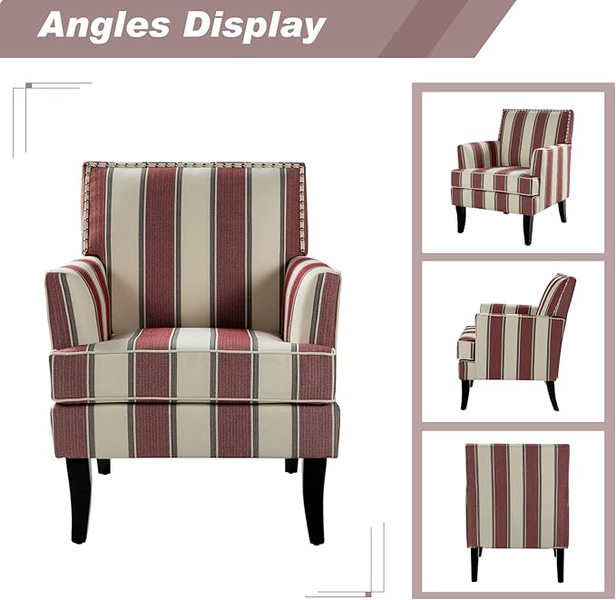 HULALA HOME Modern Accent Chairs Set of 2 Farmhouse High Back Striped Chairs with Wooden Legs &amp Nail Head Trim Comfy Upholstered Armchairs for Living Room/Bedroom (Stripe Red)