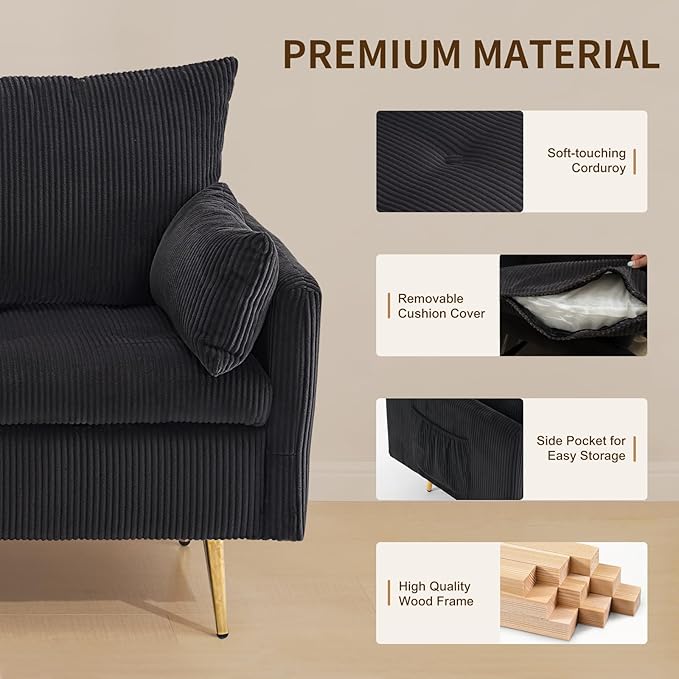 Furnimart 3-Piece Storage Sofa and Couch Set Corduroy Loveseat with 2pc Accent Single Chairs Small Living Room Furniture Set for Apartment Tiny Homes and Lofts 3PC-Black