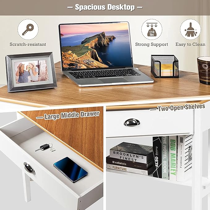 Goplus Topment Corner Desk with a Slide Out Drawer Triangle Home Computer Desk Writing Table with an Open Shelf Freestanding Gaming Desk for Apartment Office Workstation for Dorm Laptop Desk