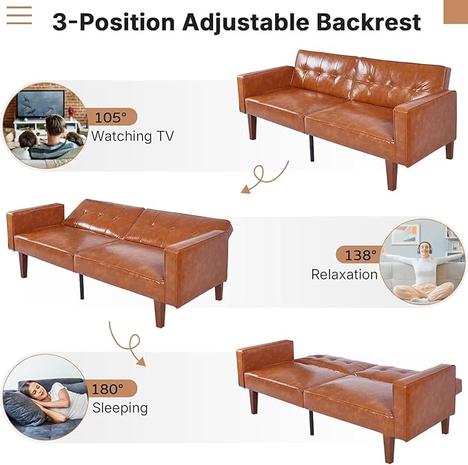 Adjustable Backrest Convertable Sofa Modern PU Leather 2-Seat Futon Sofa Convertible Faux Leather Sleeper Couch with Armrests Couch for Living Room Home Office Spaces
