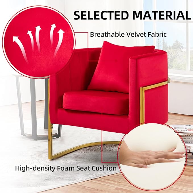 X-VOLSPORT Velvet Accent Barrel Chairs Set of 2 Modern Arm Club Chair Set with Pillow for Living Room/Bedroom/Guest Reception Channel Tufted Gold Finish Base Red
