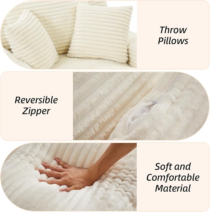 Oversized Chaise Lounge Chair Indoor Corduroy Sofa Bed with Throw Pillows Recliner Chair Comfy Large Deep Seat Sofa Couch for Living Room Bedroom Apartment (White)