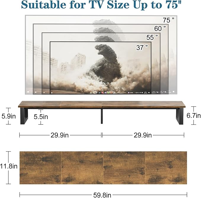 aboxoo 59 Large TV Riser Stand for 32-75 Inch TV TV Shelf with Steel Legs Tabletop TV Riser for Home Living Room Study Office (Brown)