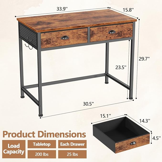 Furologee Small Computer Desk with 2 Fabric Drawers for Bedroom34 Inch Home Office Writing Desk Vanity Desk with Hooks Simple Study Desk for Small Spaces Makeup Dressing Table Rustic Brown
