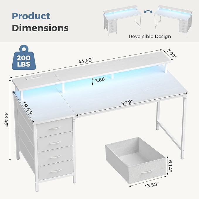 DUMOS 47 Inch Computer Desk with 4 Drawers4 Drawer Gaming Desk with with Power Outlets and LED LightsOffice Desk for Small Spaces with Monitor ShelfWriting Desk for Home OfficeBedroom StudyWhite