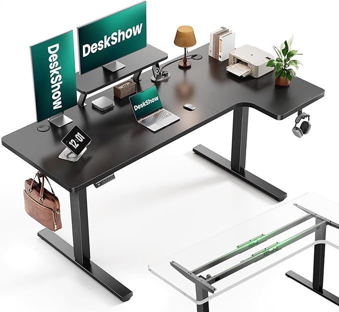 L-Shaped Standing Desk - 63 Inch Adjustable Corner Standing Desk with Flexible Monitor Stand Electric Sit Stand Computer Table with Memory Controller for Home Office