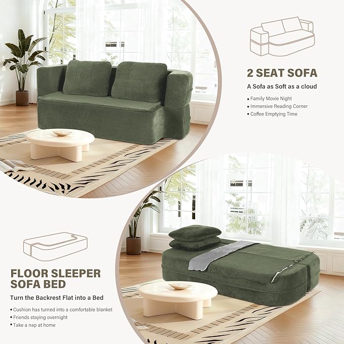 78 Convertible Sofa Bed with Blanket Boneless Cloud Couch Queen Scott Fabric for Living Room Bedroom Modular Loveseat with High-Density Solid Sponge No Assembly Green
