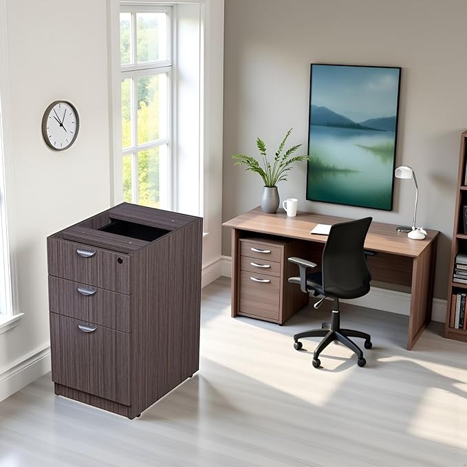 Driftwood Laminate Deluxe Locking Pedestal Two Box Drawers File Cabinet Desk Thermal Fused Melamine Construction with 3mm PVC Edge Banding Scratch Resistant Finish Contemporary Design