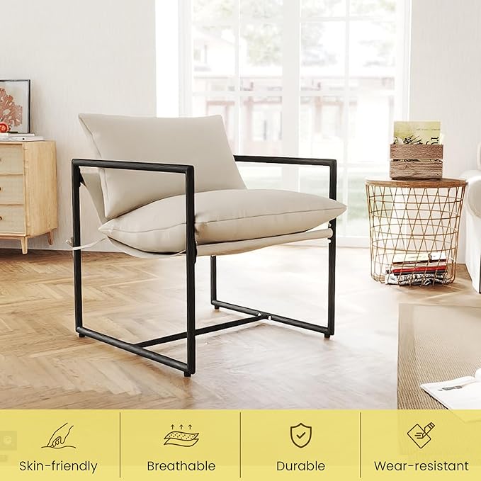 Kromax Sling Accent Chair Cozy Living Room Chairs Square Metal Frame Upholstered Soft Cushion Sponge 28 x28“x32 Easy Assembly Beige