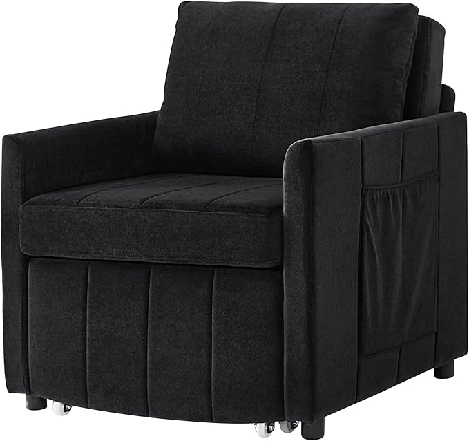 Pull Out Sofa Bed for Living Room 31.5 Upholstered Convertible Sleeper Sofa 3-in-1 Convertible Sleeper Chair with 5-Position Adjustable Backrest Side Pockets and a Storage Basket (Black/352)