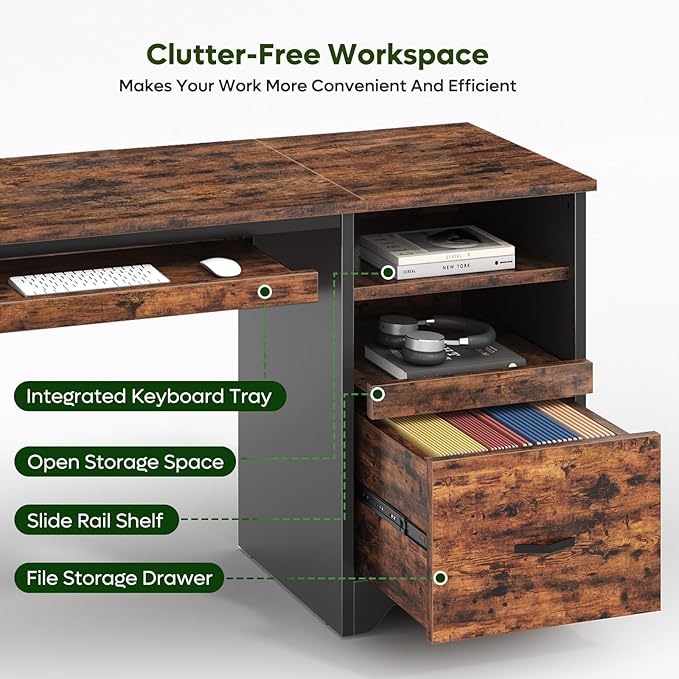 Bestier 47 Computer Desk with Drawers Home Office Desk with Keyboard Tray Reversible Industrial Office Desk with Storage Cabinet for Small Space Home Office &amp Studio Rustic Brown