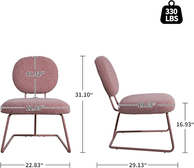 Art Leon Accent Chairs Set of 2- Fabric Upholstered Armless Slipper Chairs Living Room Side Chairs with Metal Legs for Lounge Bedroom Office Pink