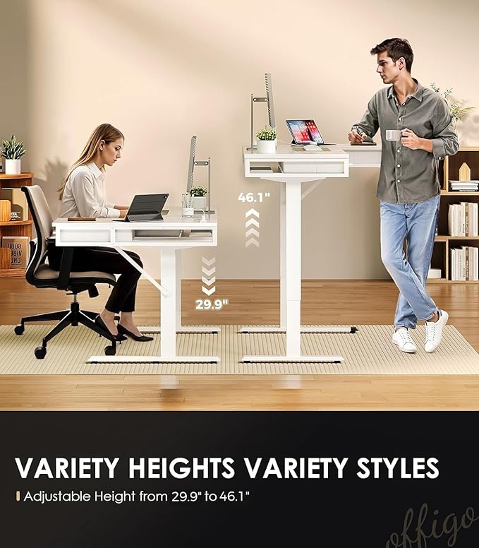 OffiGo 63 Inch L Shaped Electric Standing Desk with Drawers Height Adjustable Large Desk with Power Outlets Sit Stand Table Writing Computer Desk for Home Office WorkstationWhite