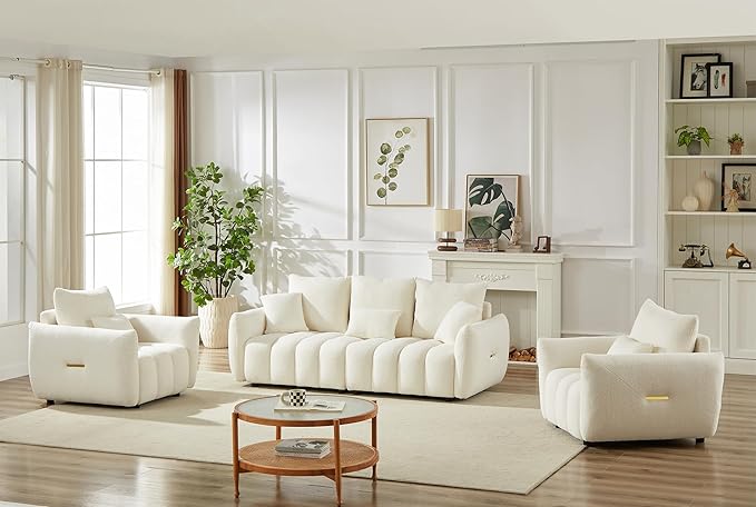 Antetek Set of 3 Teddy Sofa for Living Room Modern 2 Units Deep Seat Sofa Chairs and an Oversized 3-Seater Cloud Boucle Couch for Bedroom Office Apartment Furniture Set Beige (3 Pieces)