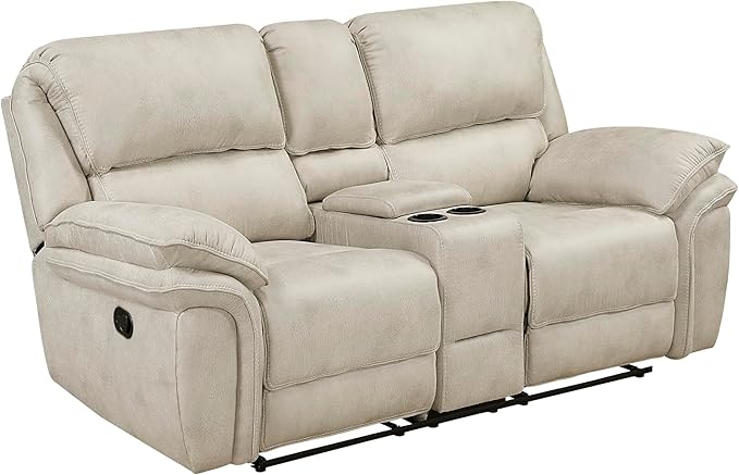 Lexicon Manual Double Reclining Loveseat with Center Console Polished Microfiber Wall Hugger Loveseat Recliner for Living Room Cup Holders Foam Over Pocket Coils Seats Pillow Top Arms Sand