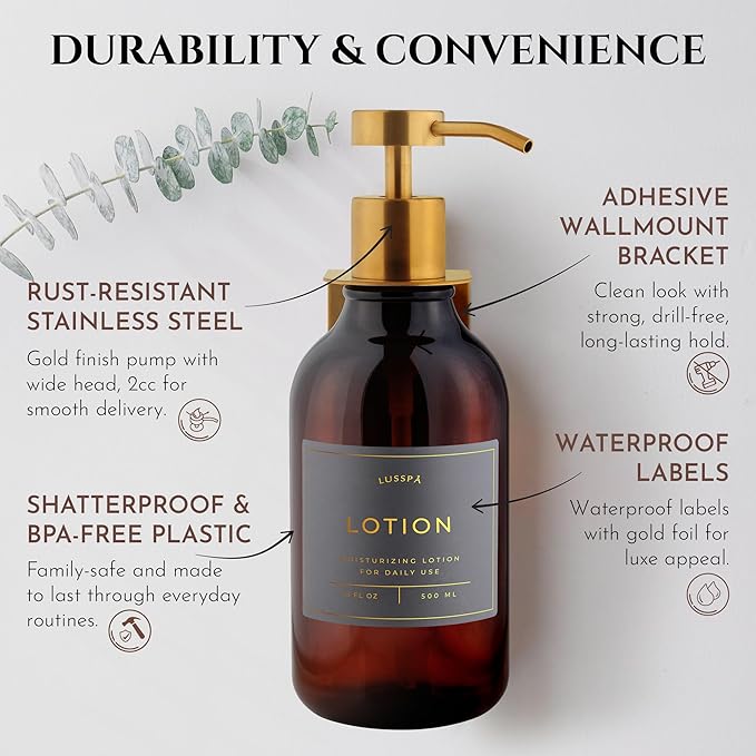 Shower Shampoo Dispenser Wall Mounted – 3 Refillable 16.9 oz Amber Bottles with Stainless Steel Pumps &amp No-Drill Adhesive Holders – Soap Dispenser Set for Bathroom (3 X Amber/Gold)
