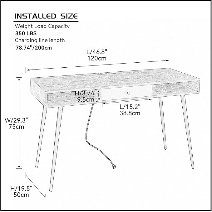 Generic Mid Century Desk with USB Ports and Power Outlet Modern Writing Study Desk with Drawers Multifunctional Home Office Computer Desk Black